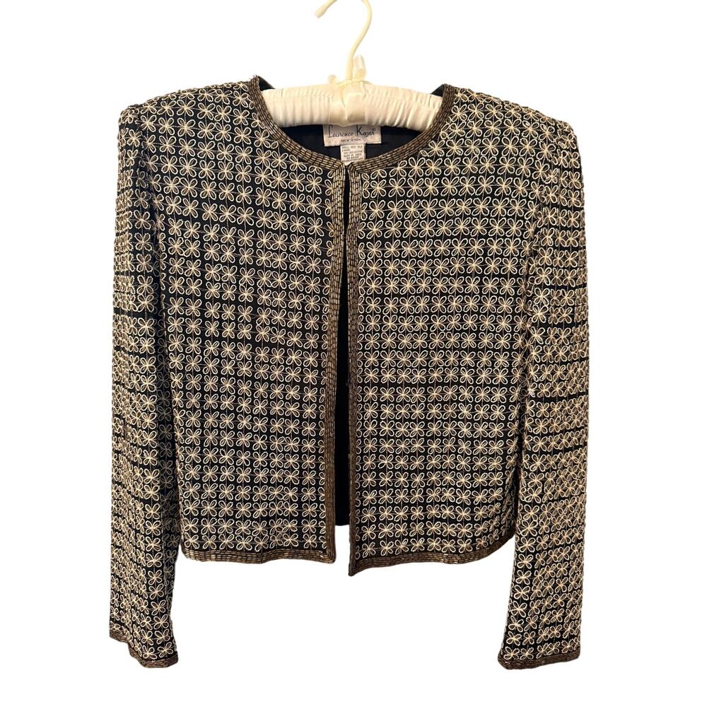 Laurence Kazar New York Beaded Floral Evening Jacket Black Gold Size PS